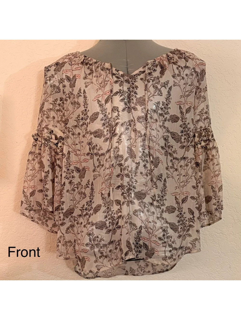 Style & Co Women’s L Floral Peasant Blouse Metallic 3/4 Lace Up Sleeves Boho